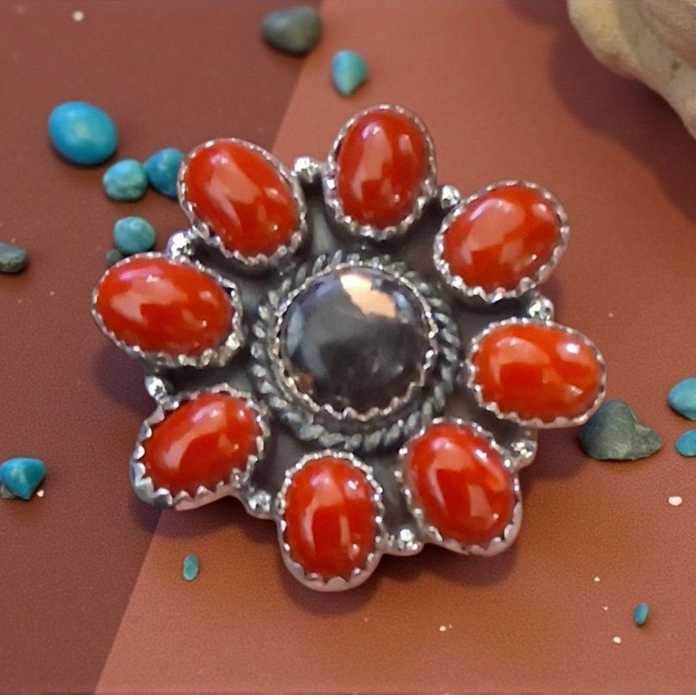 CORAL AND BLACK STALLION DAHLIA RING 925 STERLING SILVER ADJUSTABLE